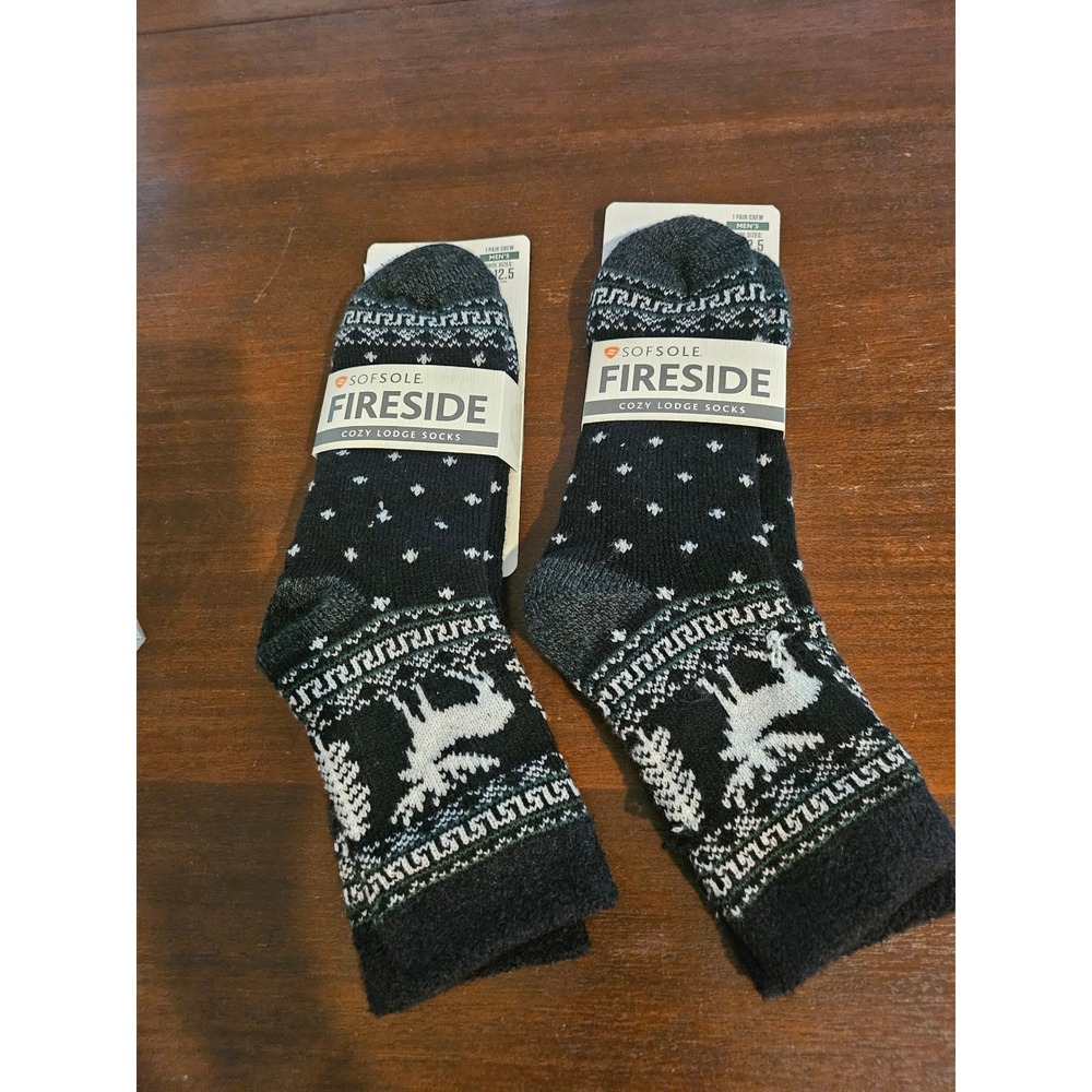 Sofsole Fireside Cozy Lodge Set 2 Socks Mens 8-12.5 Black Reindeer Winter Crew